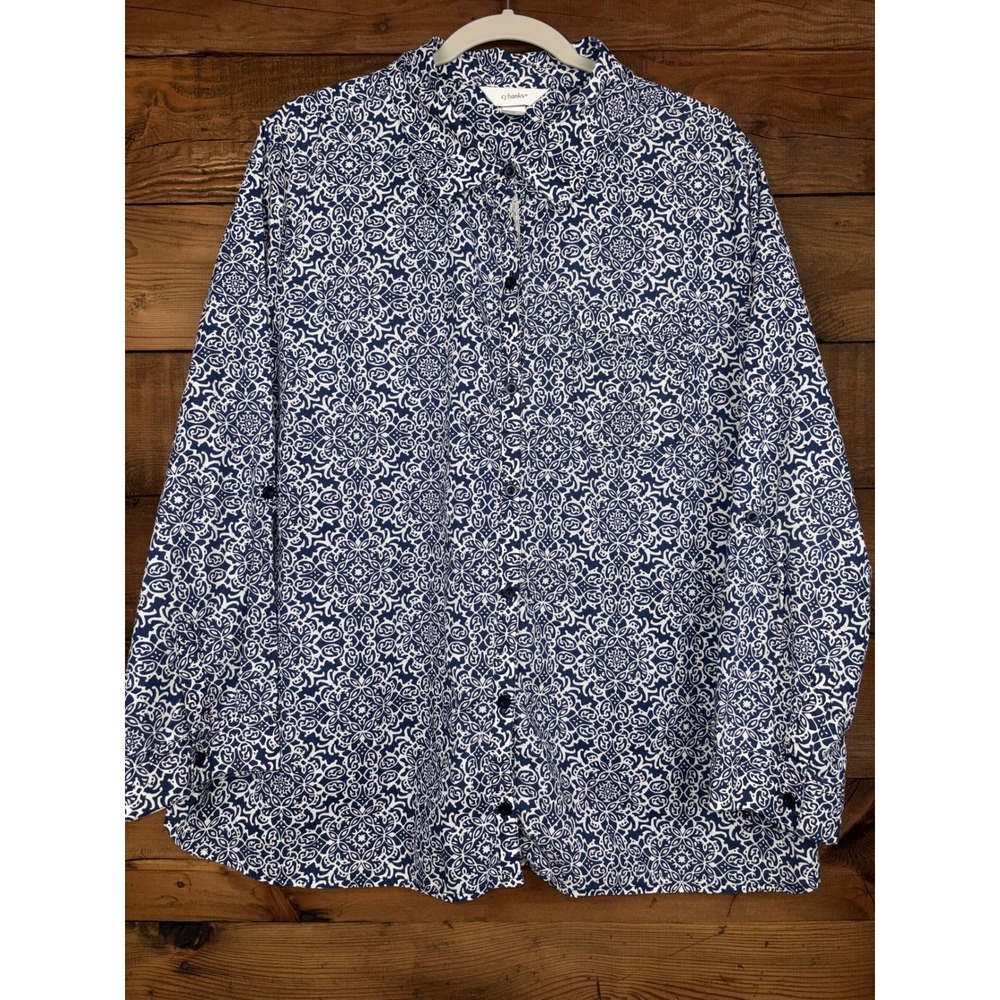 CJ Banks Button Down Shirt Womens 2X Medallion Print Roll Tab Sleeve Lace Trim